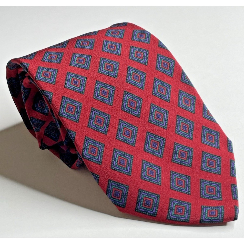 Christian Dior Red Blue Diamonds Silk Men's Necktie USA Made 56" x 3" Italy Made